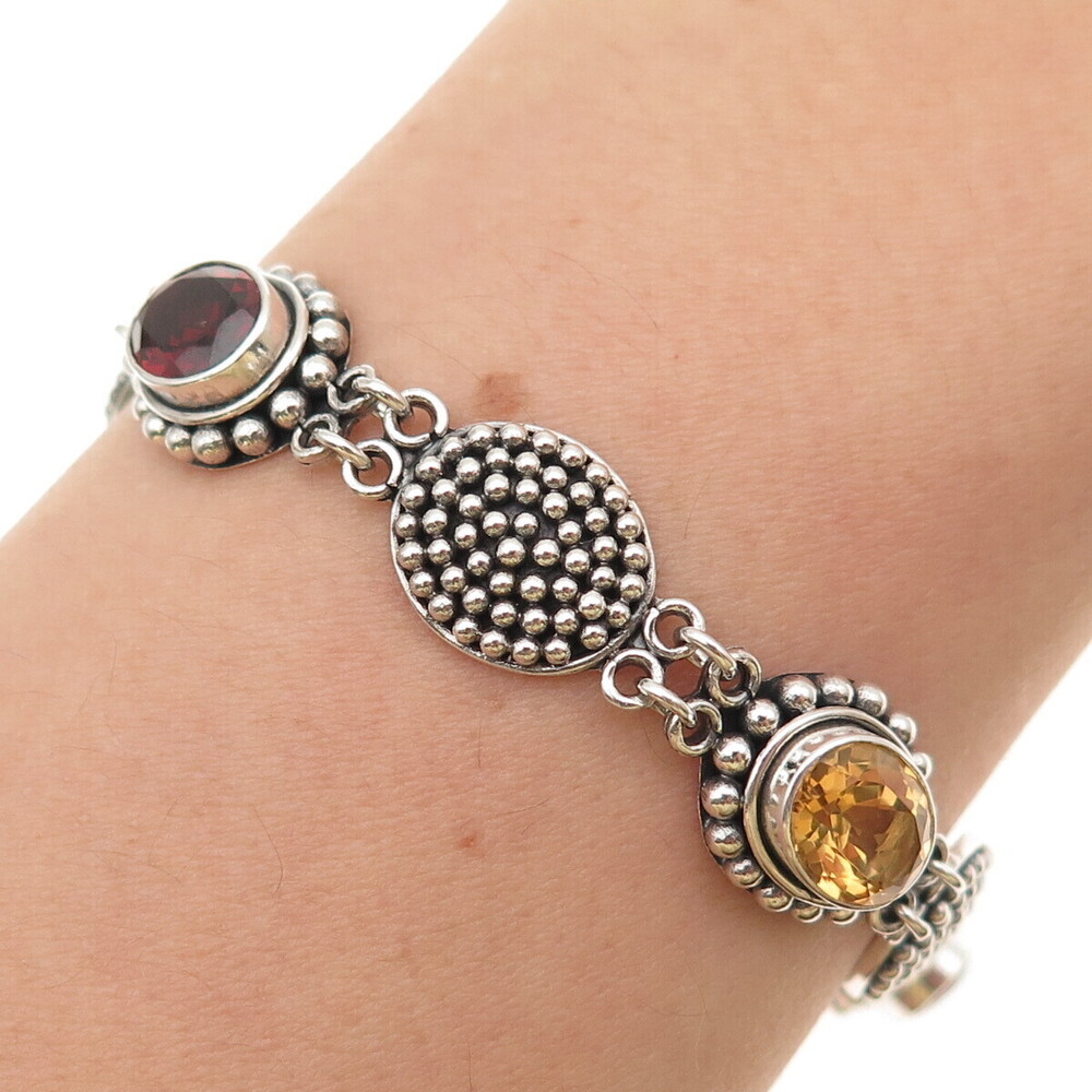 SUARTI BALI Sterling Vintage Prasiolite Amethyst Garnet & Citrine Bracelet 7.25"